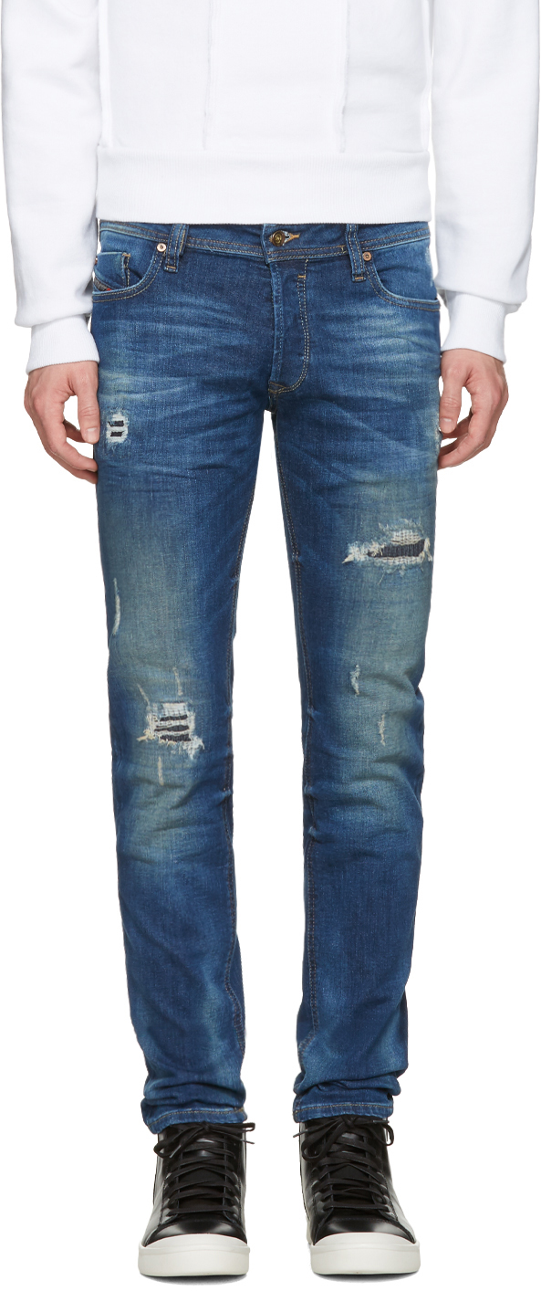 Diesel: Blue Destroyed Sleenker Jeans | SSENSE UK