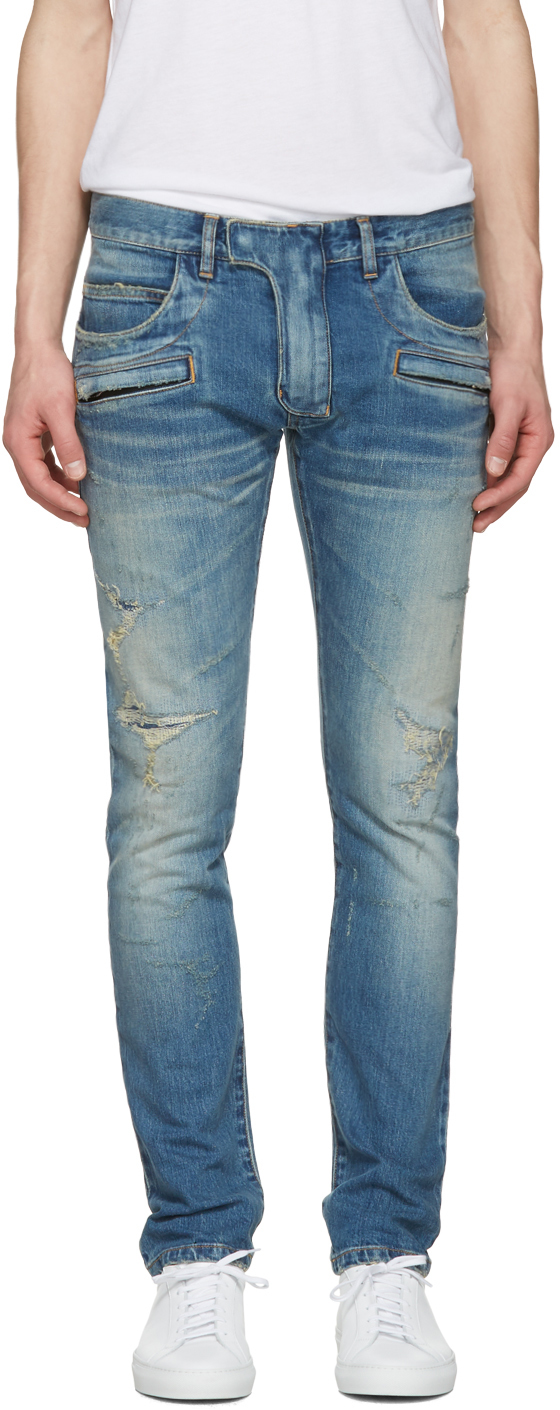 Balmain: Blue Distressed Biker Jeans | SSENSE UK