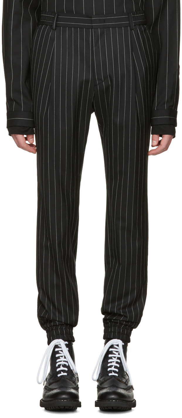 Juun.J: Black Pinstripe Cuff Trousers | SSENSE