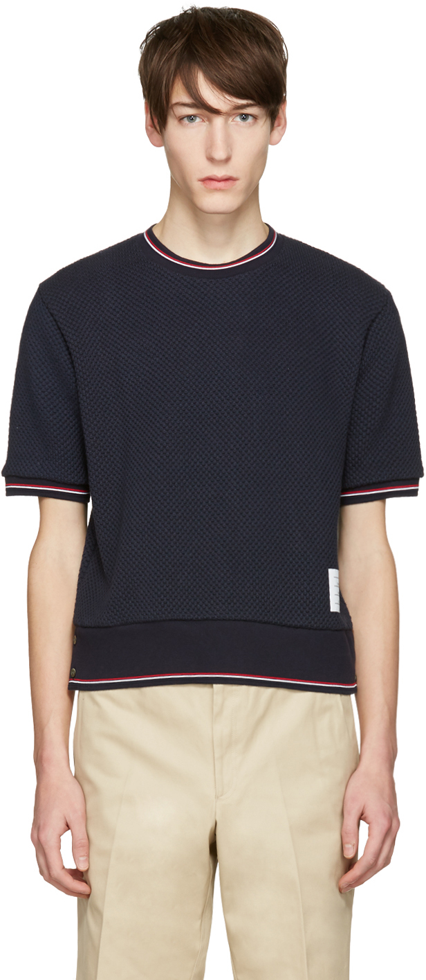 Thom Browne: Navy Rib Cuff T-Shirt | SSENSE