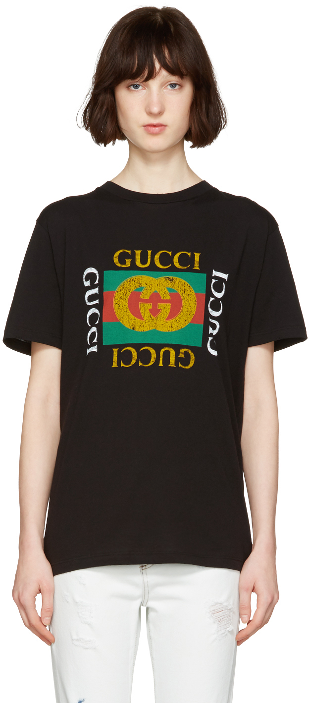 Gucci: Black Logo & Tiger Patch T-Shirt | SSENSE