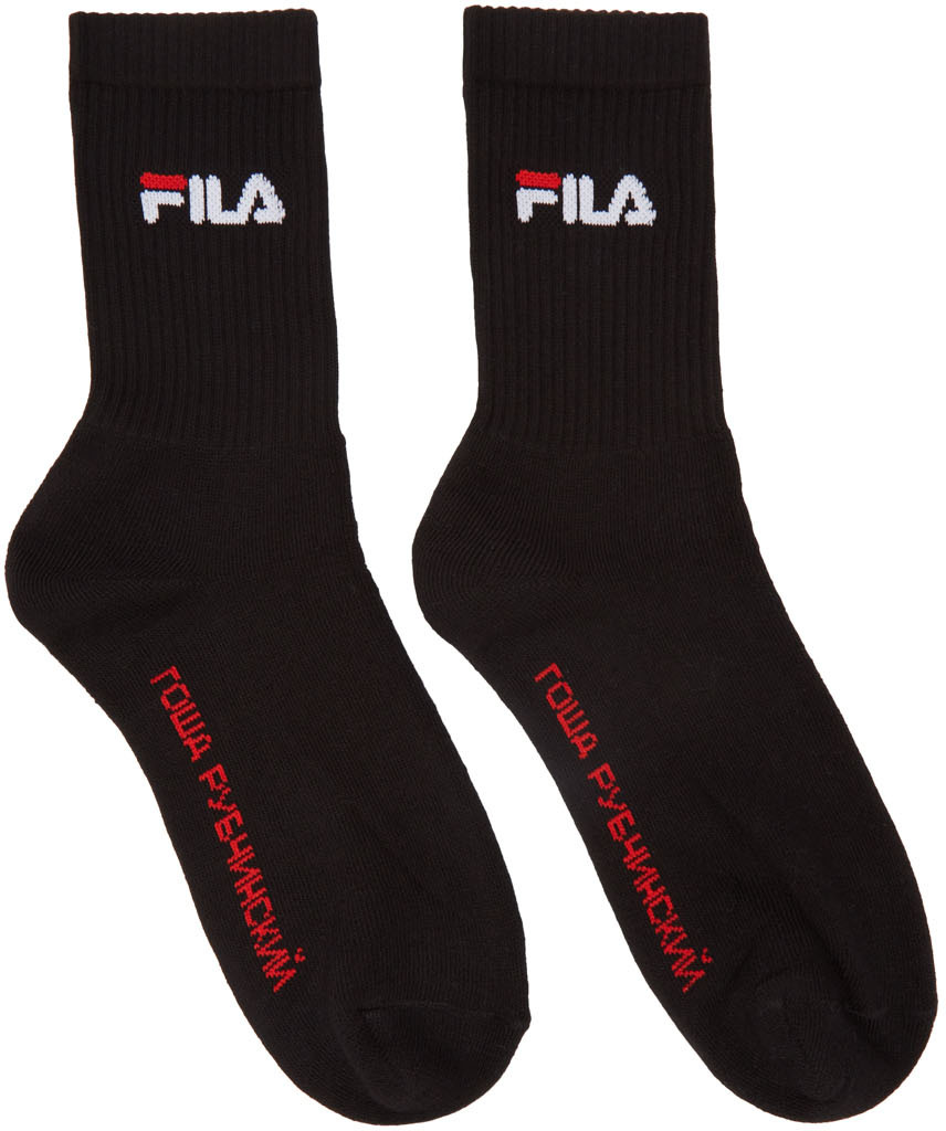 Gosha Rubchinskiy: Black Fila Edition Logo Socks | SSENSE