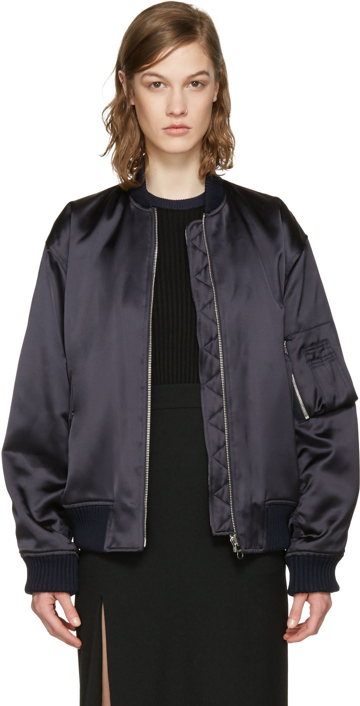 Victoria Beckham: Navy Satin Bomber Jacket | SSENSE Canada