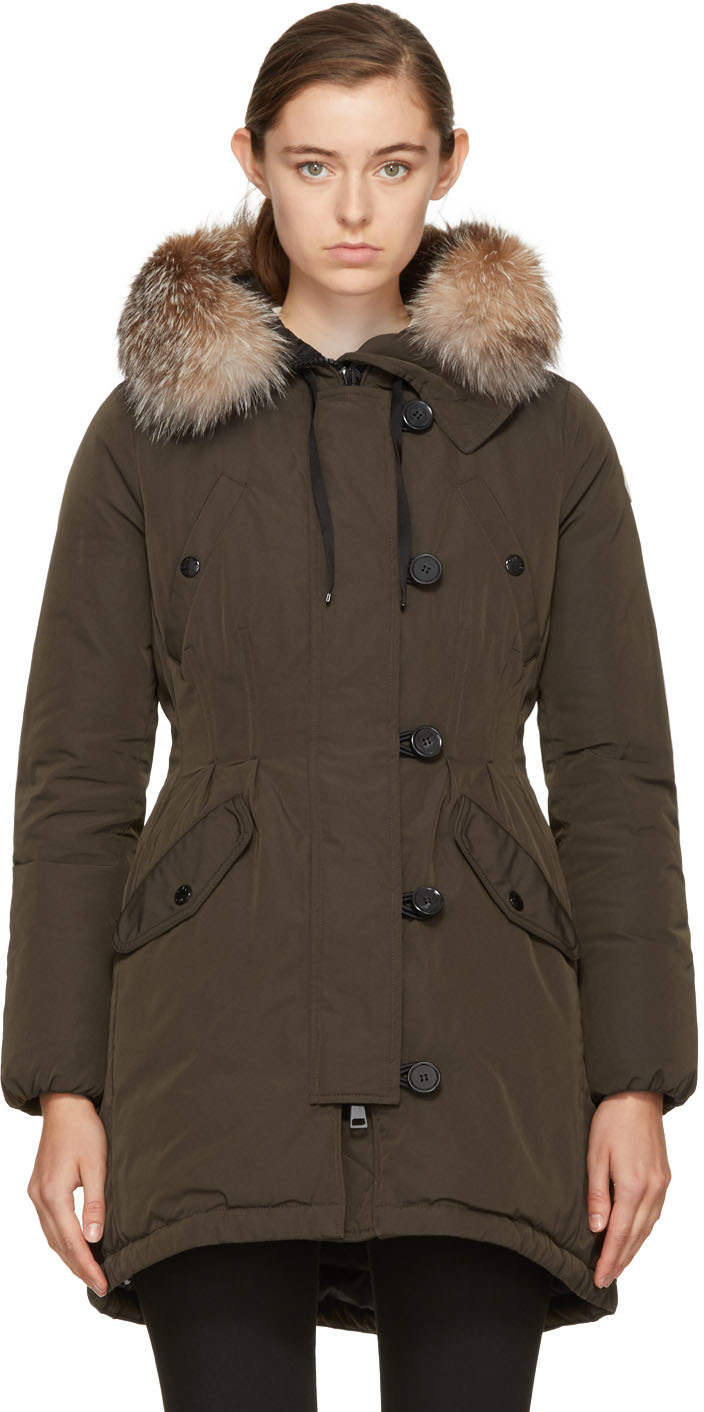 Moncler: Green Down & Fur Arehdel Coat | SSENSE