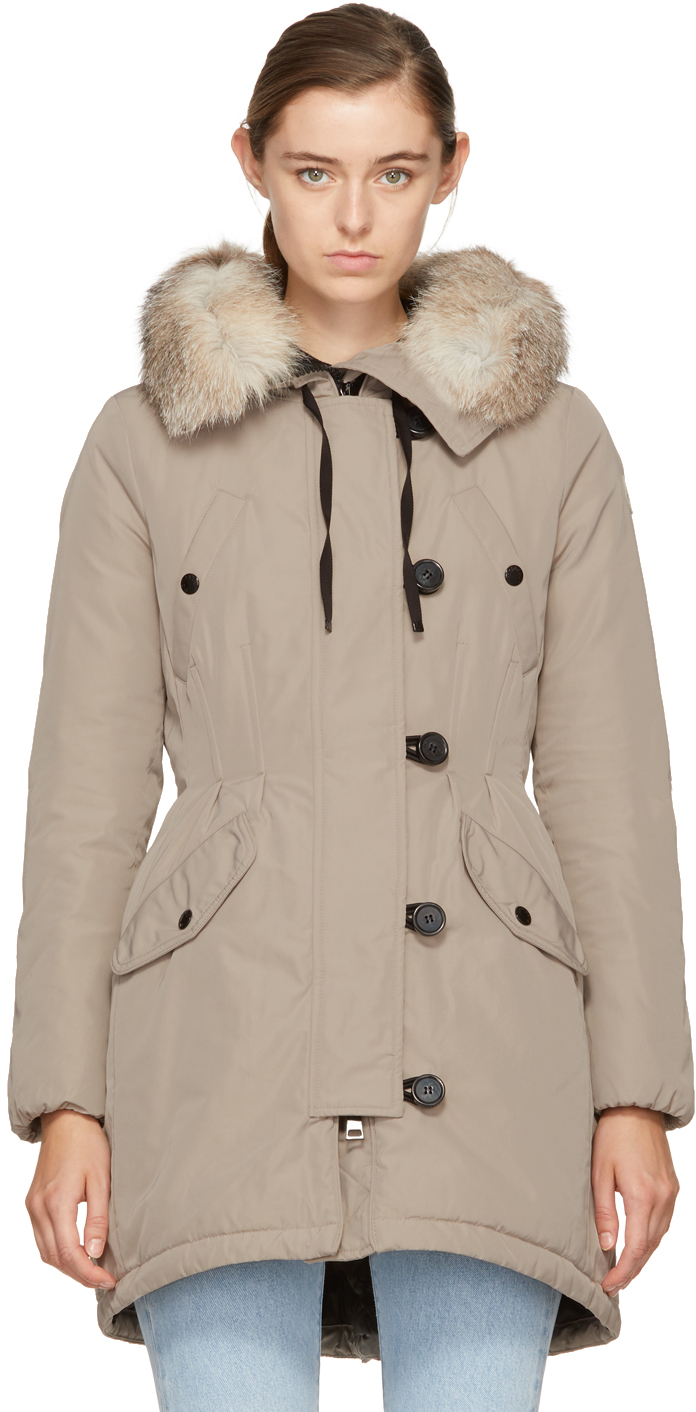 Moncler: Taupe Down Arehdel Coat | SSENSE Canada