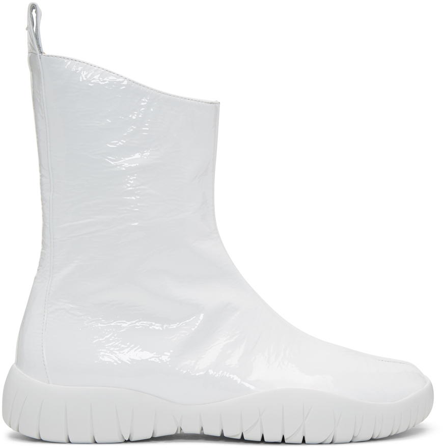 Maison Margiela: White Patent Flat Tabi Boots | SSENSE
