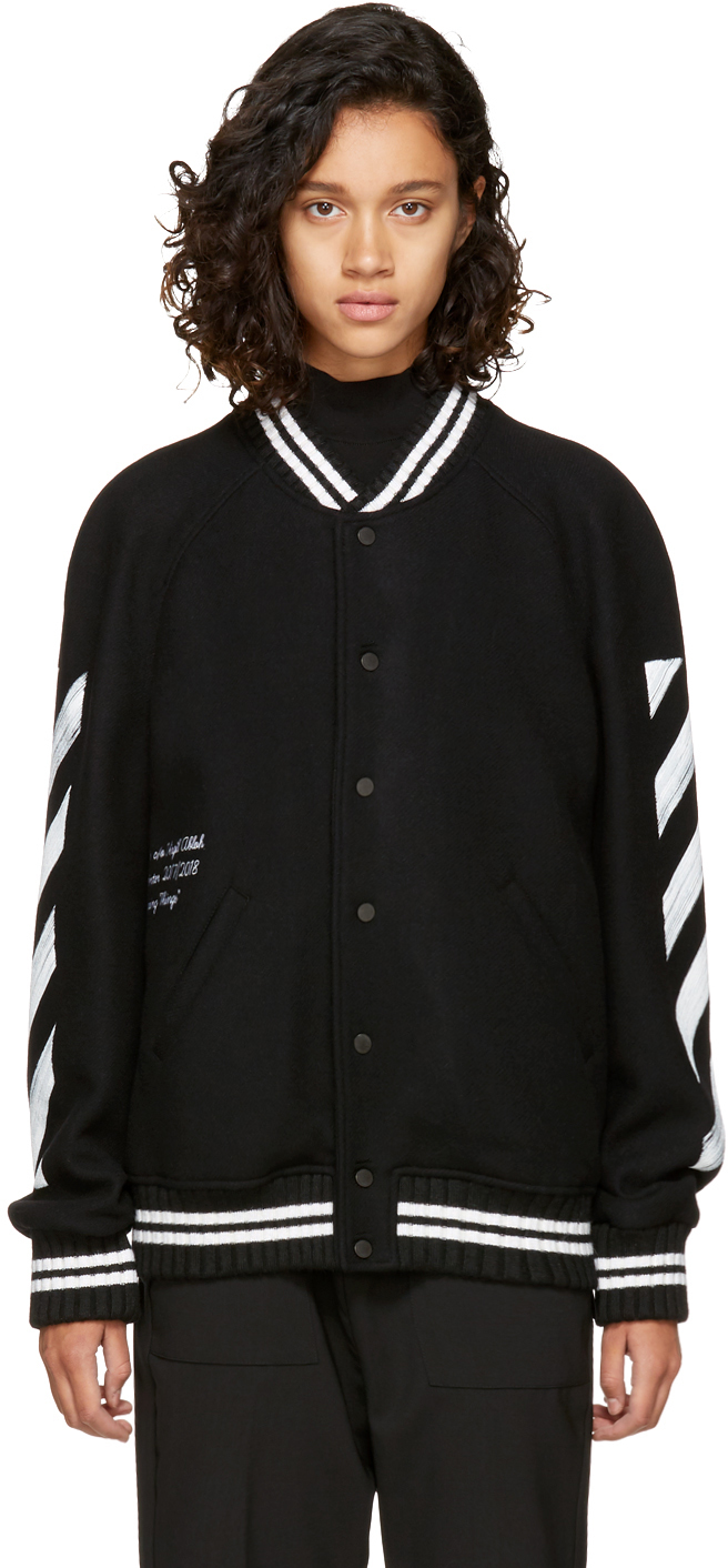 Off-White: Black Brushed Diagonal Varsity Jacket | SSENSE