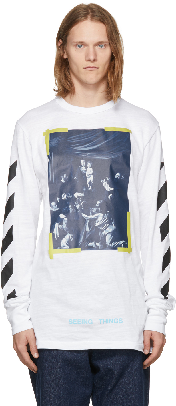 Off-White: White Long Sleeve Diagonal Caravaggio T-Shirt | SSENSE