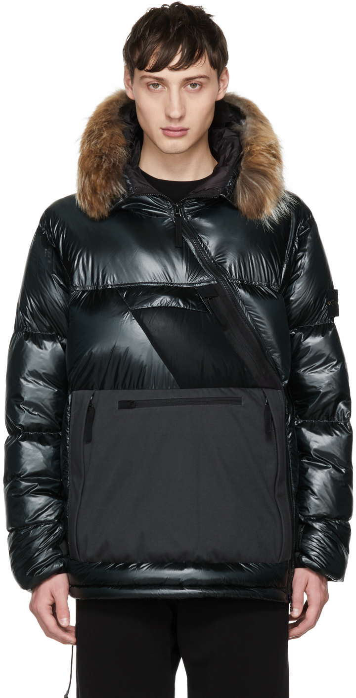 Stone Island: Green Down Diagonal Zipper Puffy Jacket | SSENSE