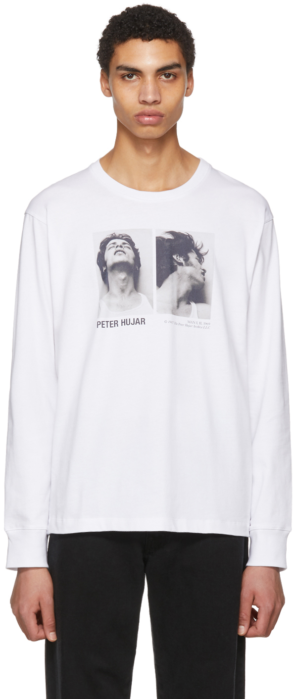Helmut Lang: White Peter Hajar Long Sleeve 'Look Up and Side Face' T ...