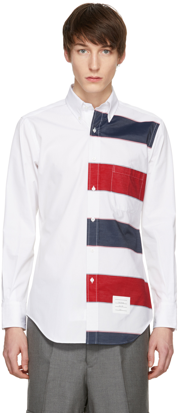 Thom Browne: White Funmix Stripe Point Collar Button-Down Shirt | SSENSE