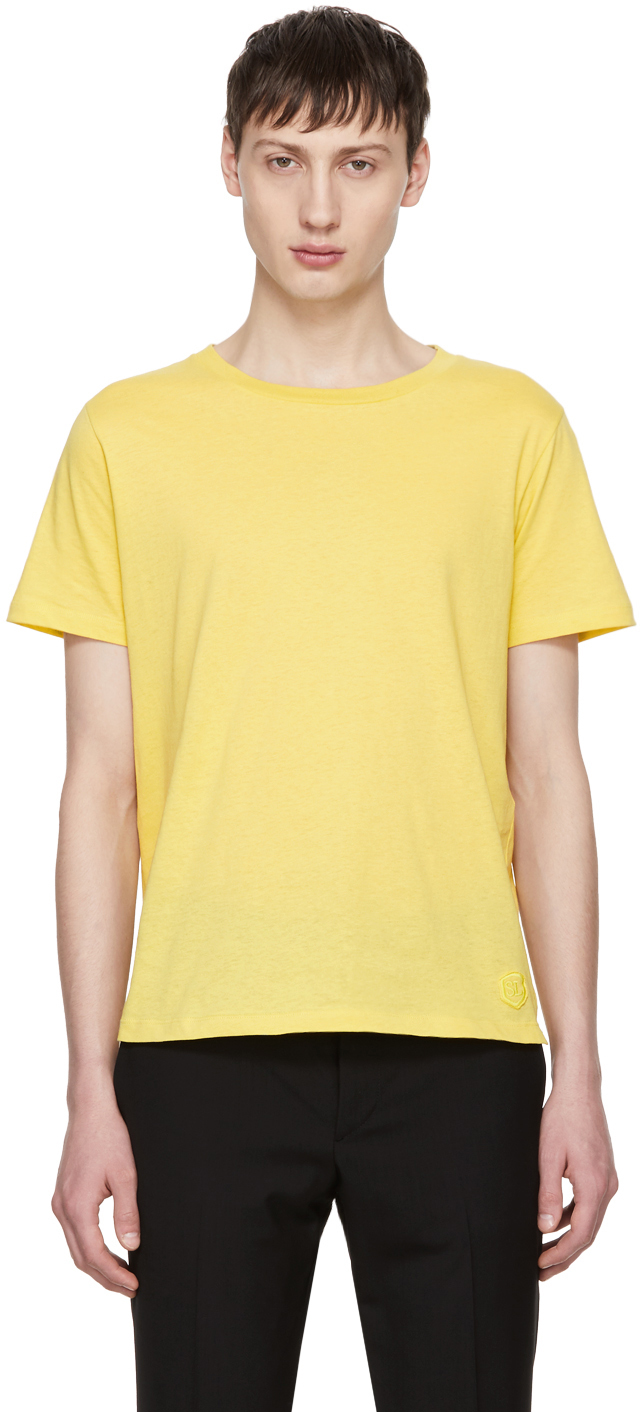 Saint Laurent: Yellow Fitted 'SL' T-Shirt | SSENSE