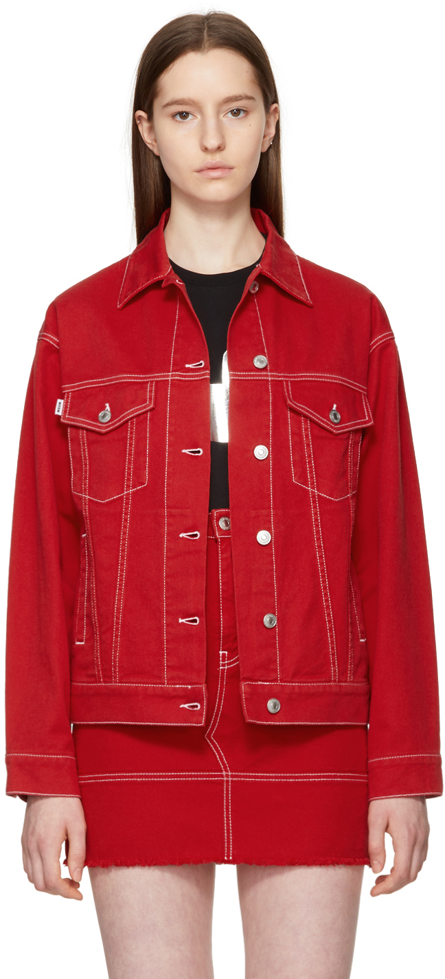 MSGM: Red Oversized Embroidered Denim Jacket | SSENSE