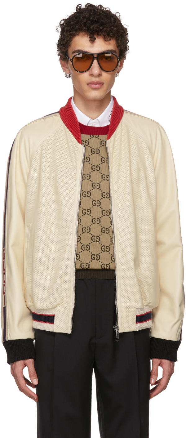 Gucci: White Perforated Leather Bomber Jacket | SSENSE