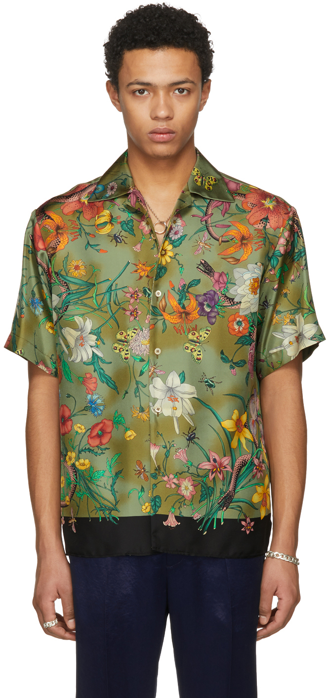 Gucci: Green Short Sleeve Flora Print Bowling Shirt | SSENSE Canada