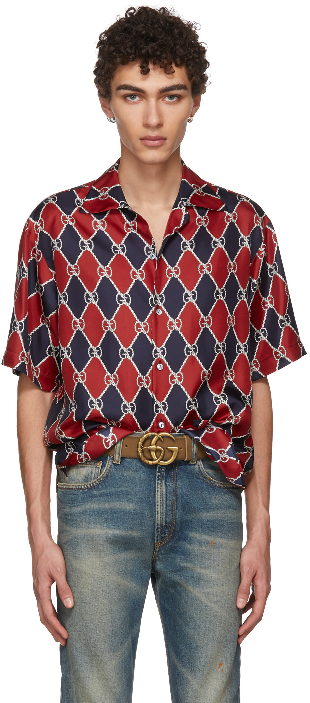 Gucci: Red & Navy 'GG' Logo Shirt | SSENSE UK