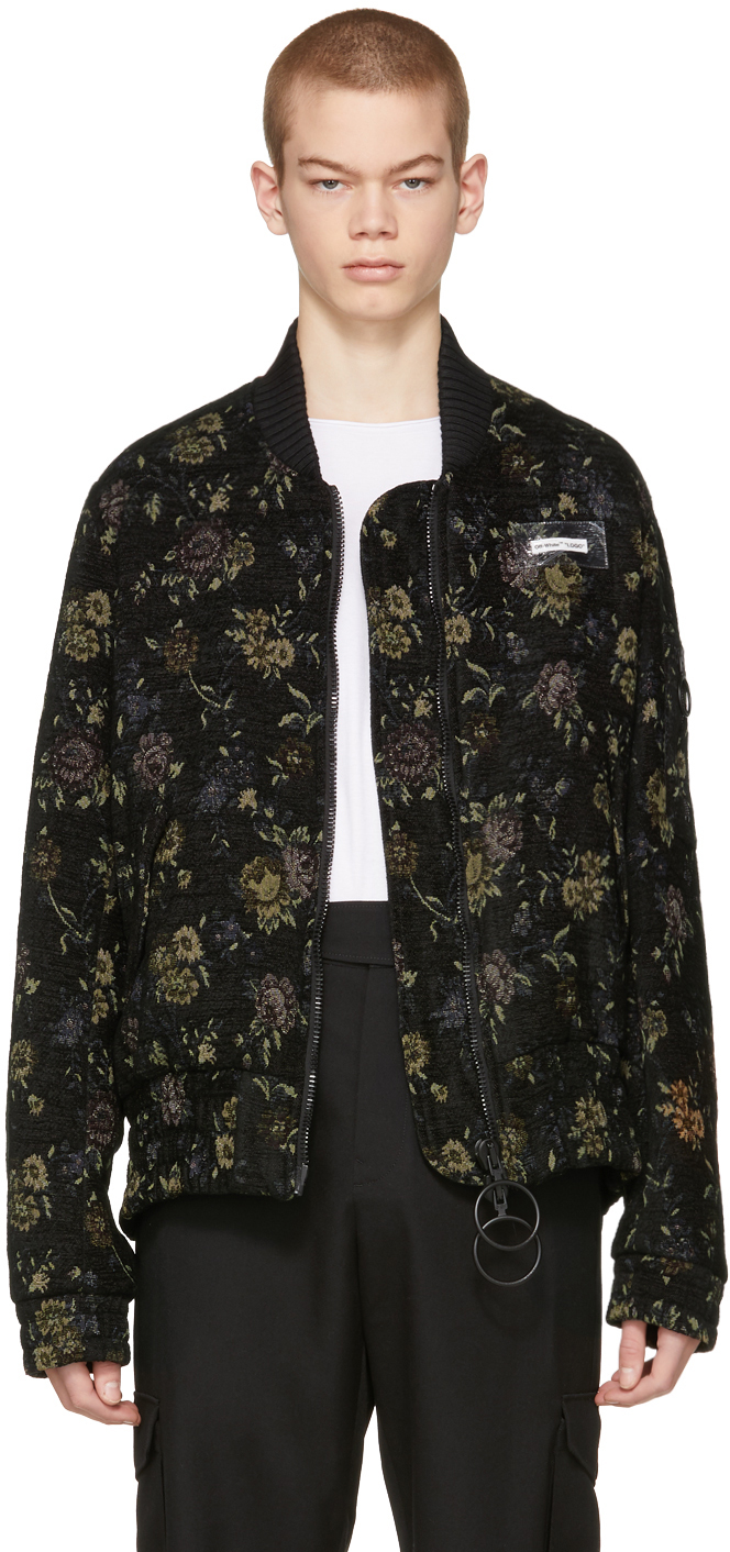 Off-White: Black Tapestry Bomber Jacket | SSENSE