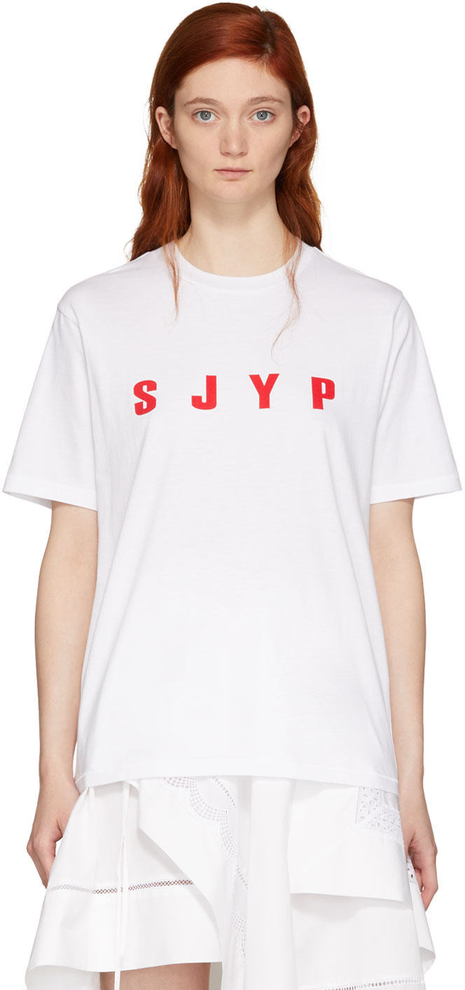 SJYP: White Logo T-Shirt | SSENSE