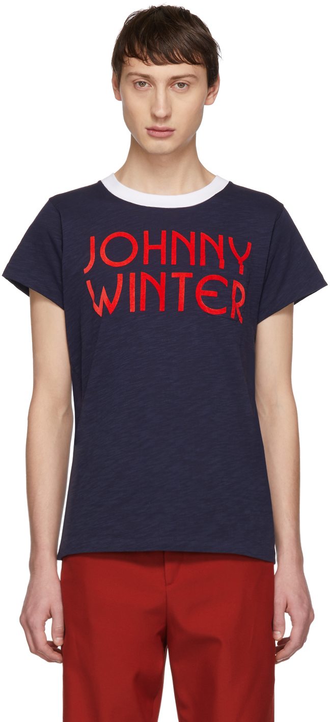 Acne Studios Navy Blå Konst 'Johnny Winter' T-Shirt