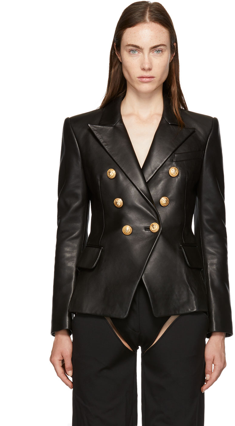 Balmain: Black Six-Button Leather Blazer | SSENSE