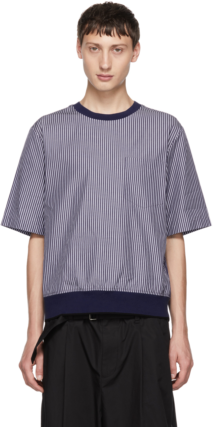 3.1 Phillip Lim: Navy Poplin Striped T-Shirt | SSENSE