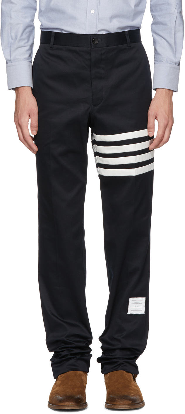 Thom Browne: Navy Seamed Four Bar Unconstructed Chino Trousers | SSENSE ...