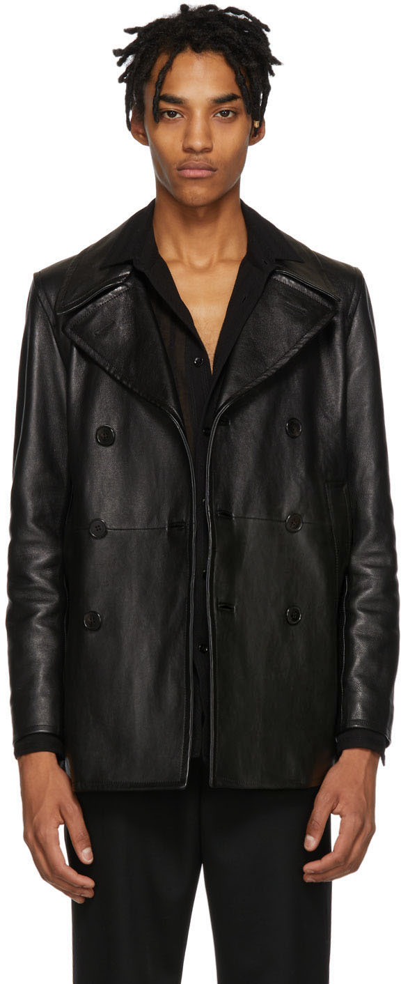 Saint Laurent: Black Leather Double-Breasted Jacket | SSENSE