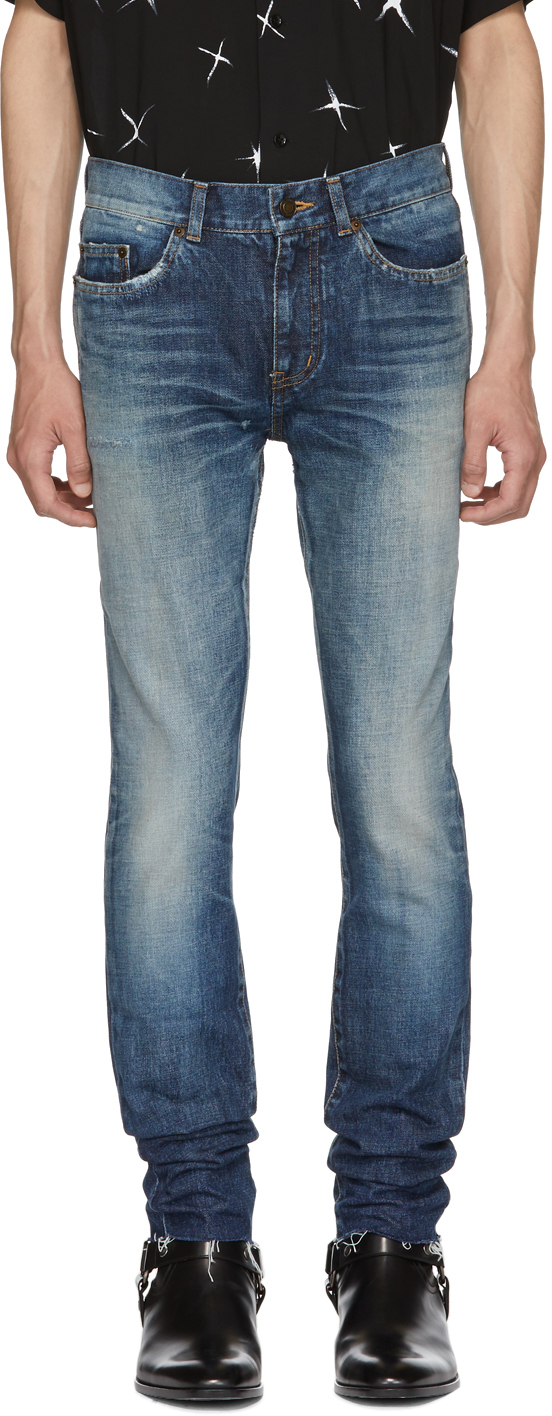 Saint Laurent: Blue Dirty Low-Rise Skinny Jeans | SSENSE