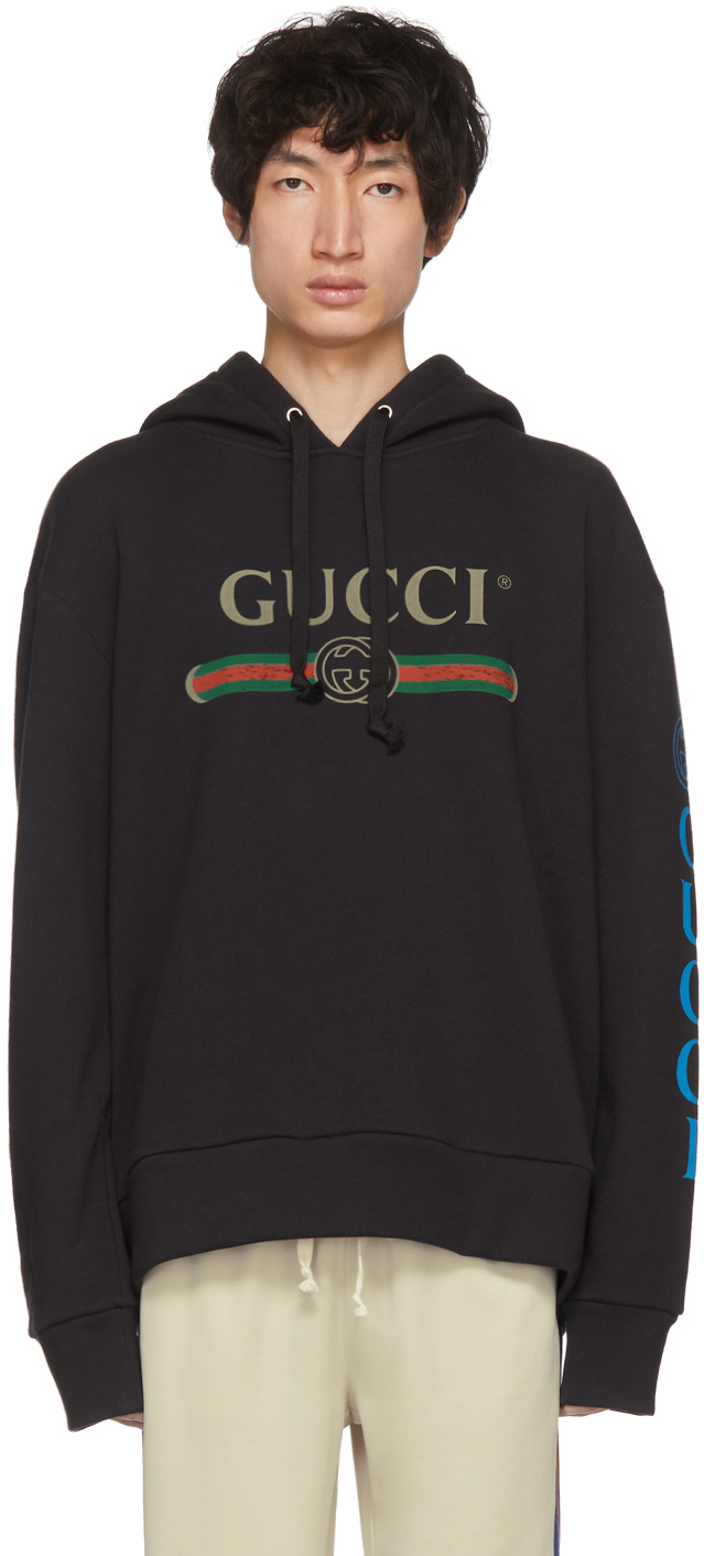 Gucci: Black Embroidered Logo Hoodie | SSENSE