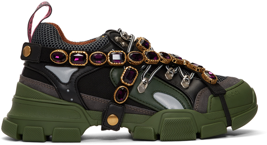 Gucci: Green Removable Crystals Flashtrek Sneakers | SSENSE Canada