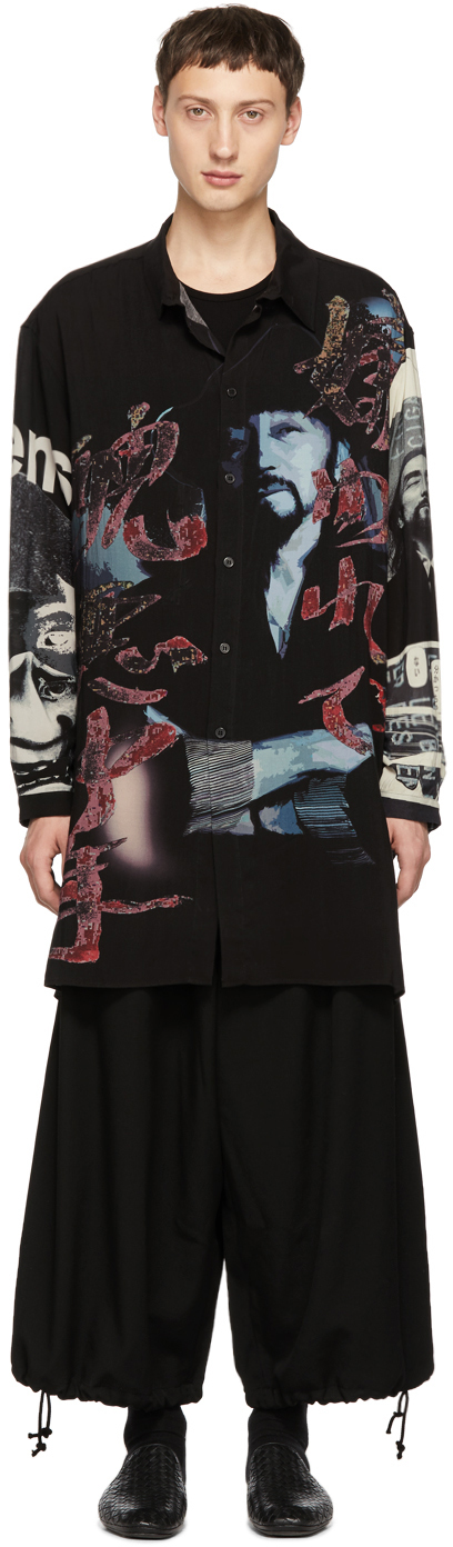 Yohji Yamamoto: Black & Multicolor Print Long Shirt | SSENSE