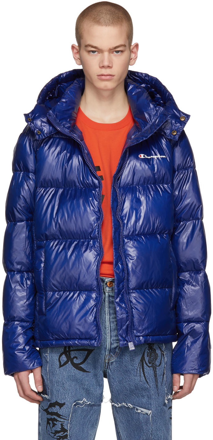 Champion Reverse Weave: Blue Hooded Puffer Jacket | SSENSE