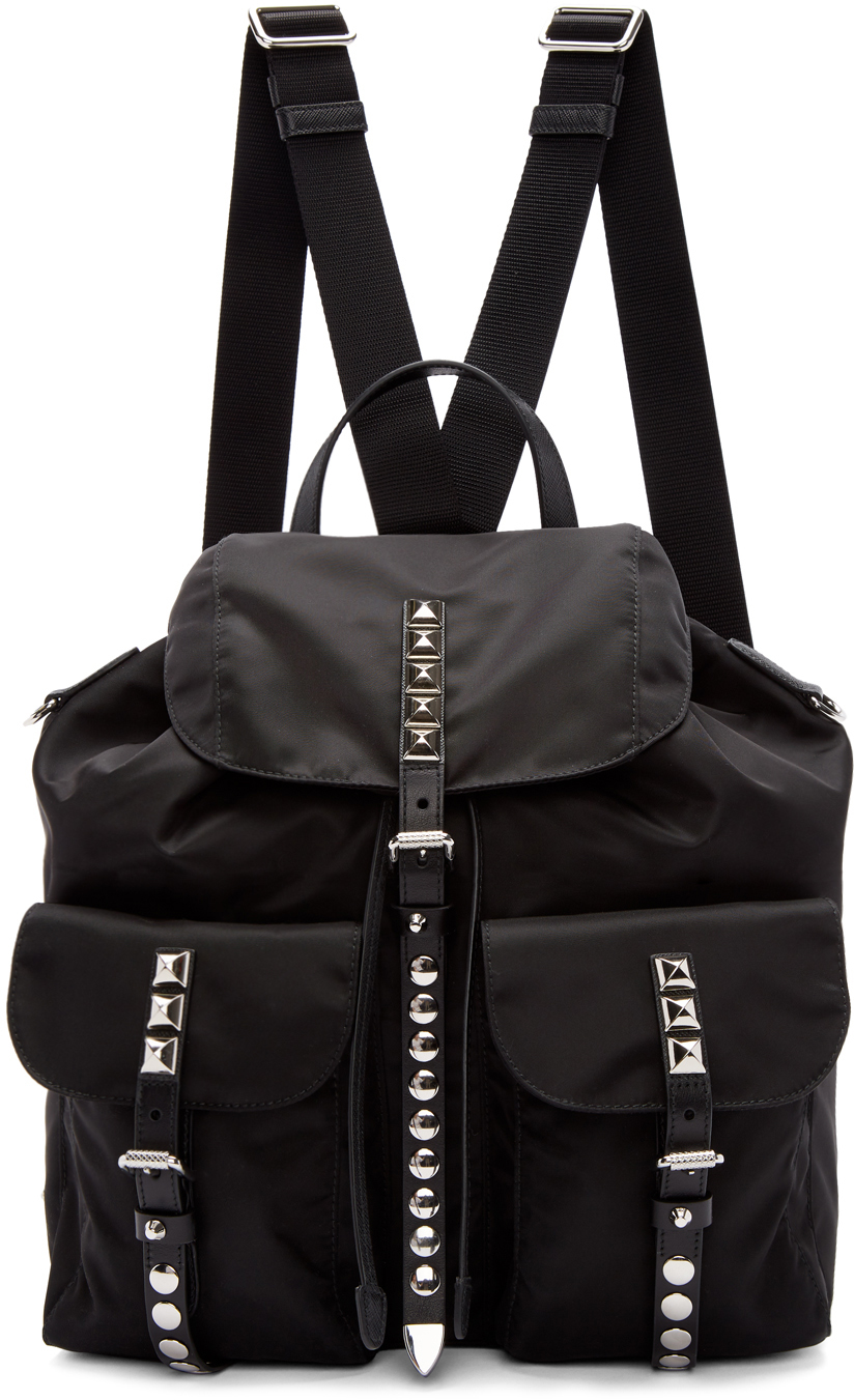 Prada: Black Nylon Studded Backpack | SSENSE