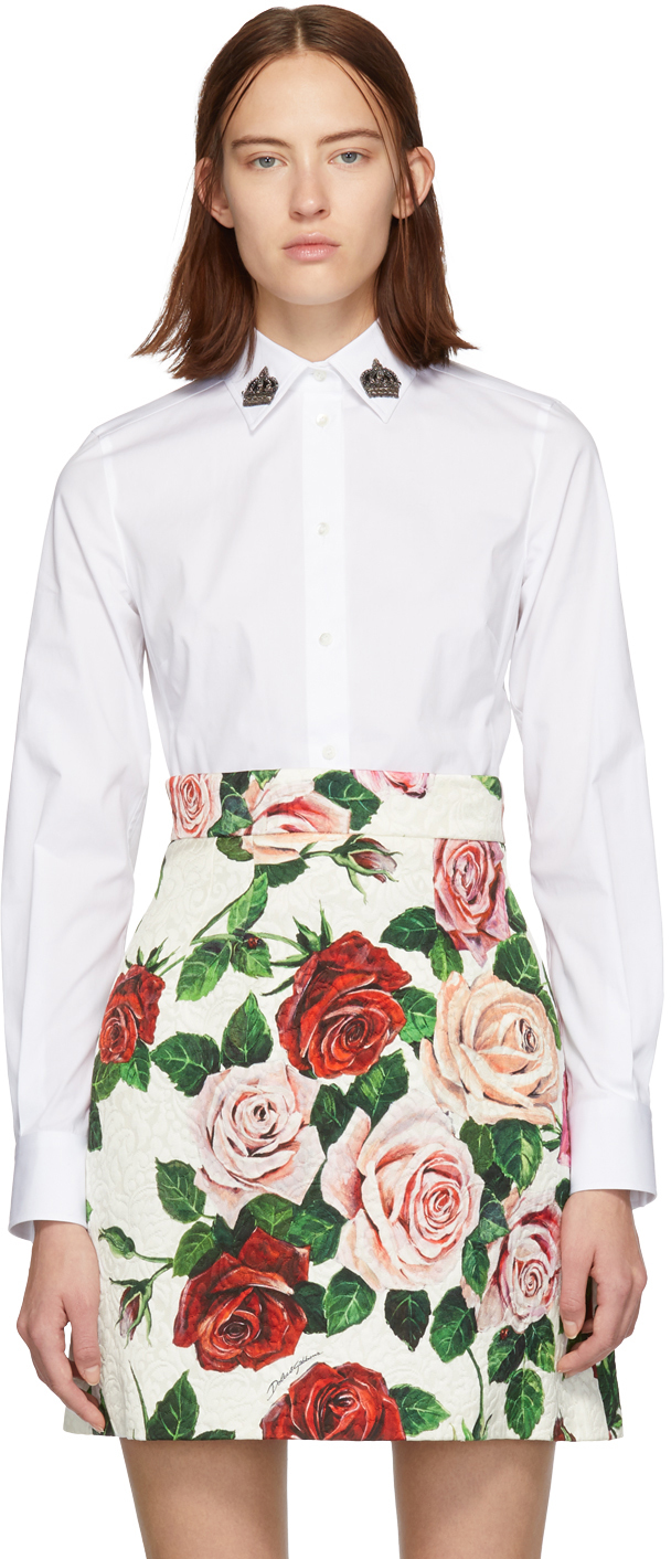 Dolce & Gabbana White GOLD Crown Cotton Dress Formal Shirt