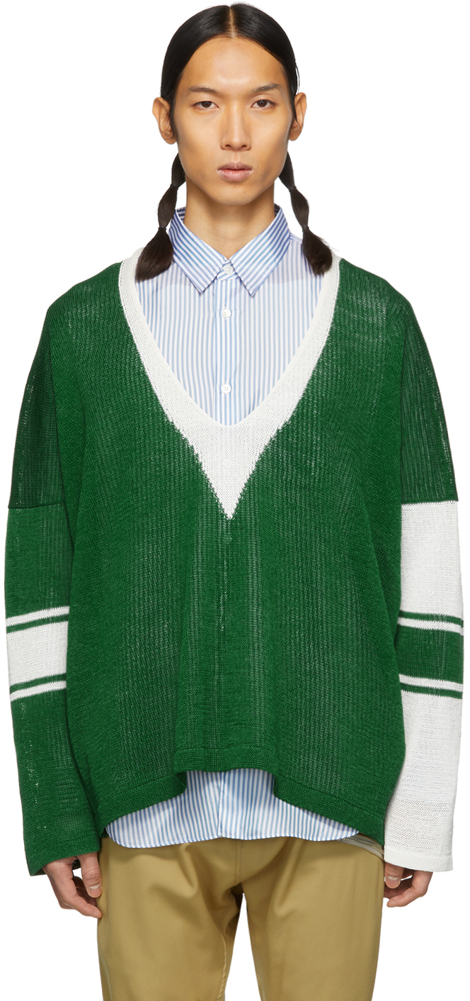 Sulvam: Green & White School Knit Sweater | SSENSE