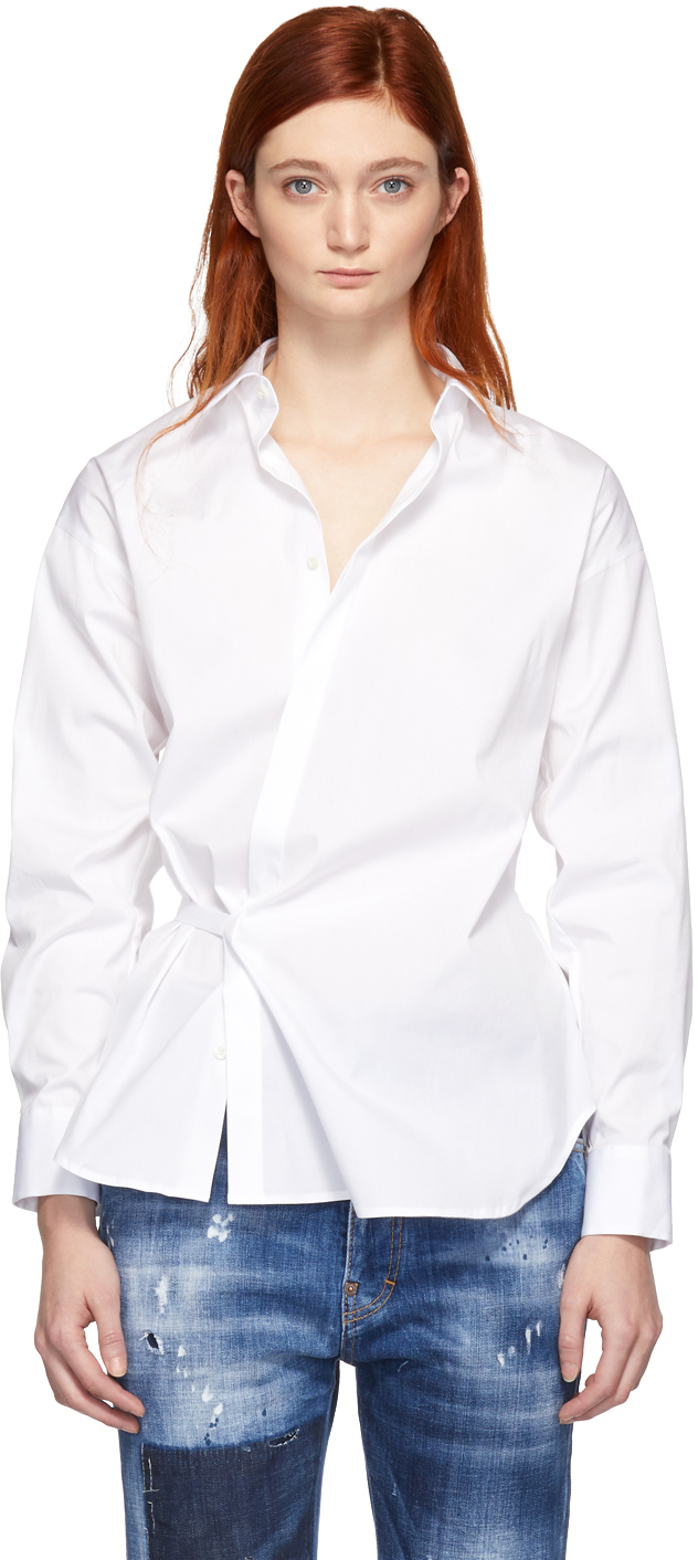 Dsquared2: White Stretch Poplin Wrap Shirt | SSENSE