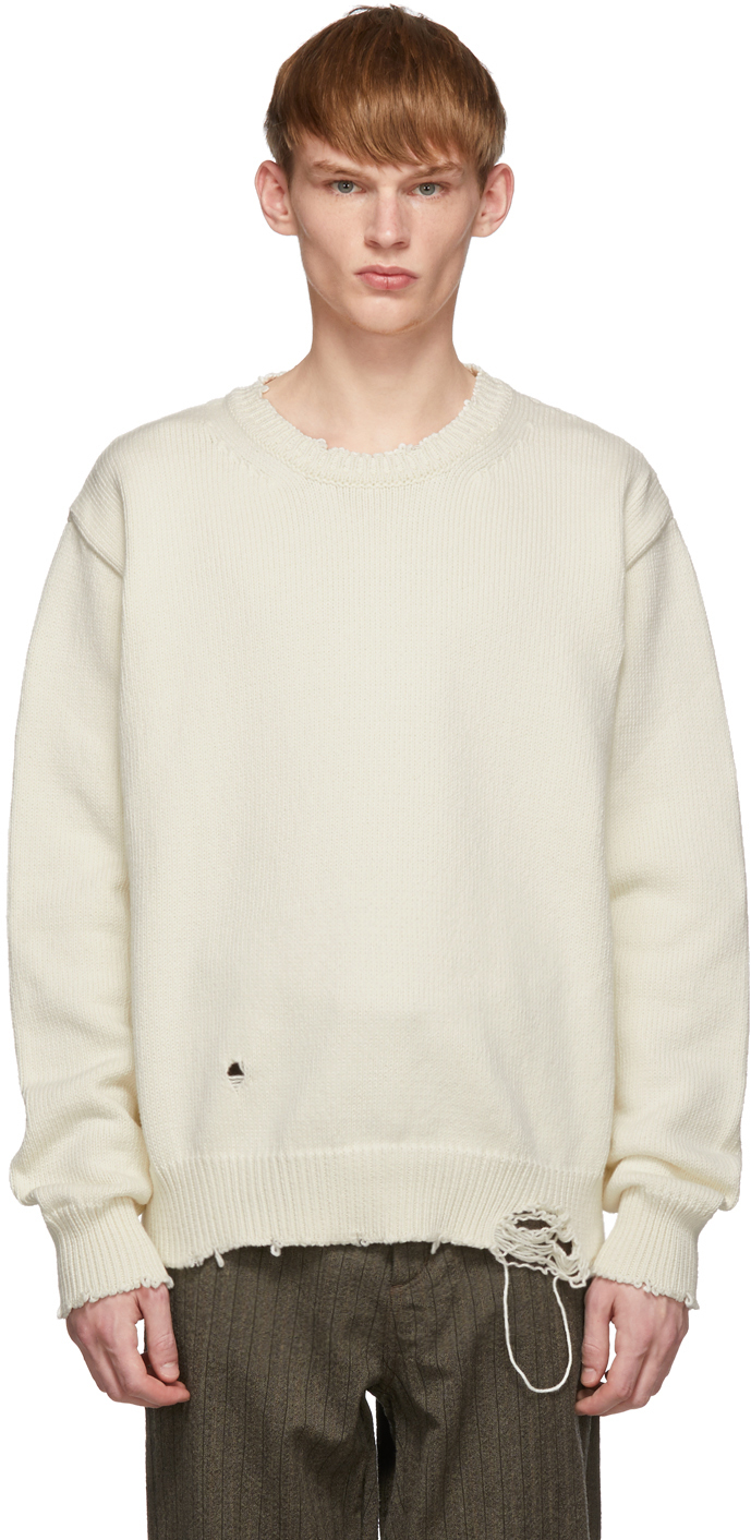 Maison Margiela: Off-White Destroyed Sweater | SSENSE