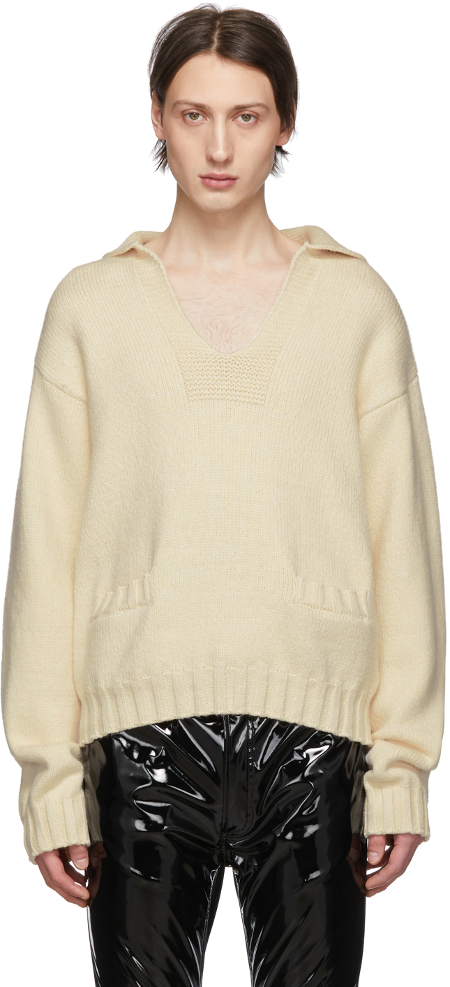 Maison Margiela: White Cashmere V-Neck Sweater | SSENSE