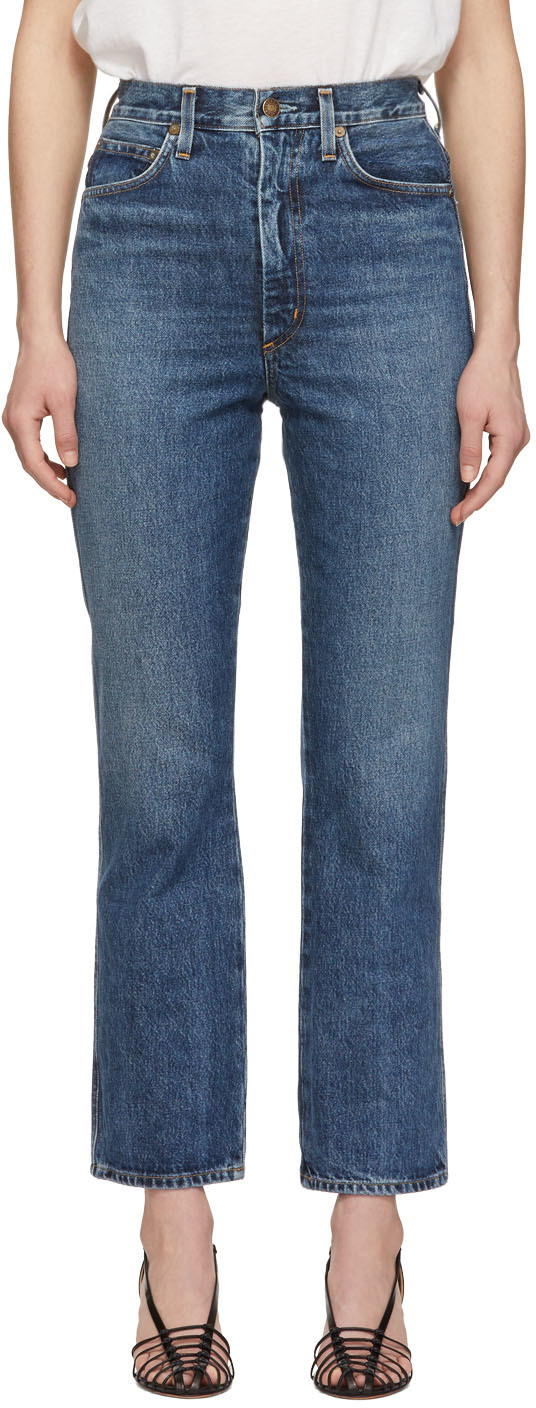 AGOLDE: Blue Pinch Waist High-Rise Kick Jeans | SSENSE