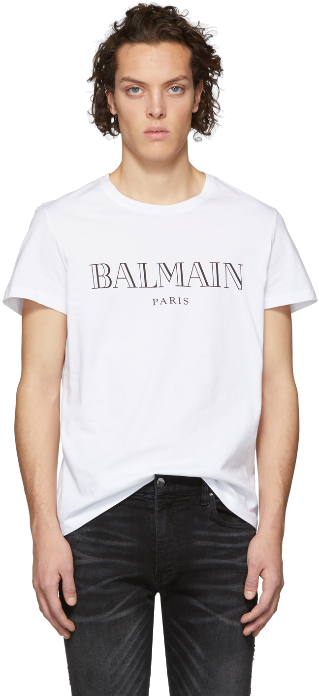 Balmain: White Logo T-Shirt | SSENSE