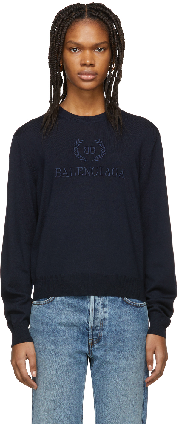 Balenciaga: Navy Logo Sweater | SSENSE Canada