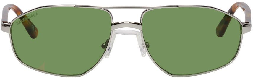 Balenciaga: Silver & Green Vintage Aviator Sunglasses | SSENSE