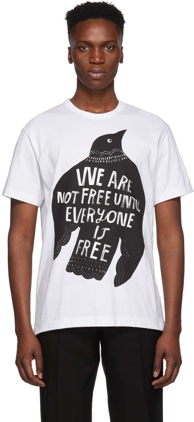 Comme des Garçons Homme Plus: White 'We Are Not Free' T-Shirt | SSENSE