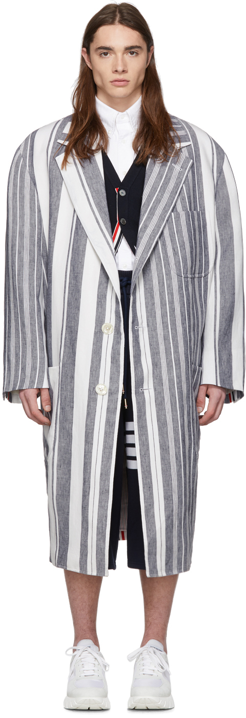 Thom Browne Navy White Stripe Patch Pocket Oversized Coat 191381M176003