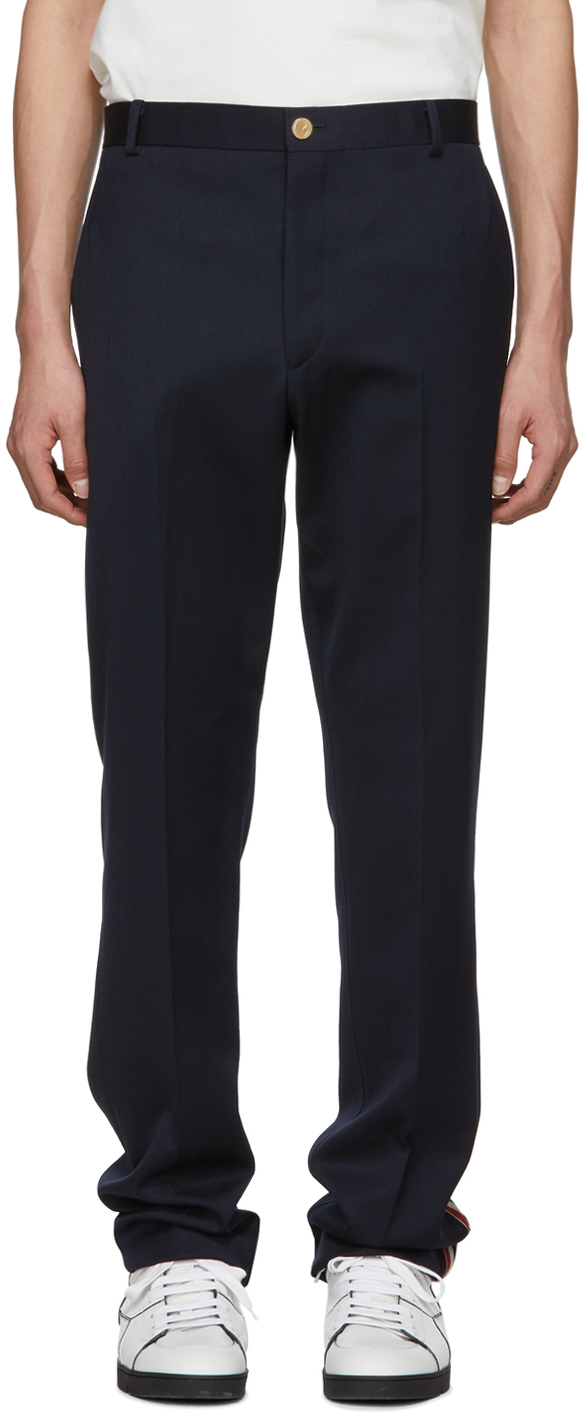 Thom Browne: Navy Stripe Chino Unconstructed Trousers | SSENSE