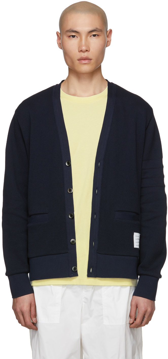 Thom Browne: Navy Piqué 4-Bar Cardigan | SSENSE