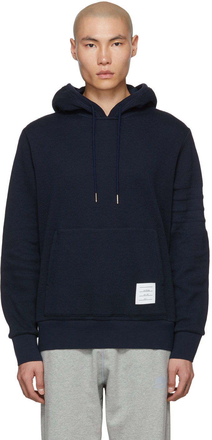 Thom Browne: Navy Piqué 4-Bar Hoodie | SSENSE