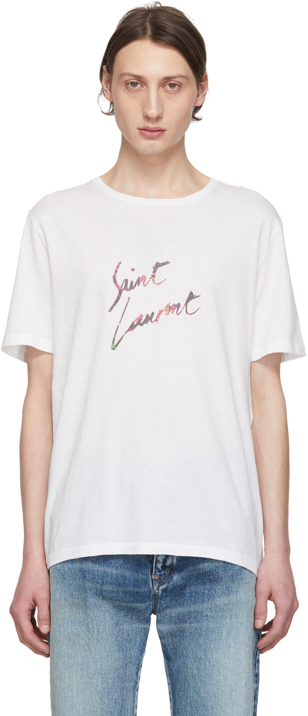 Saint Laurent: White Animalier Logo T-Shirt | SSENSE