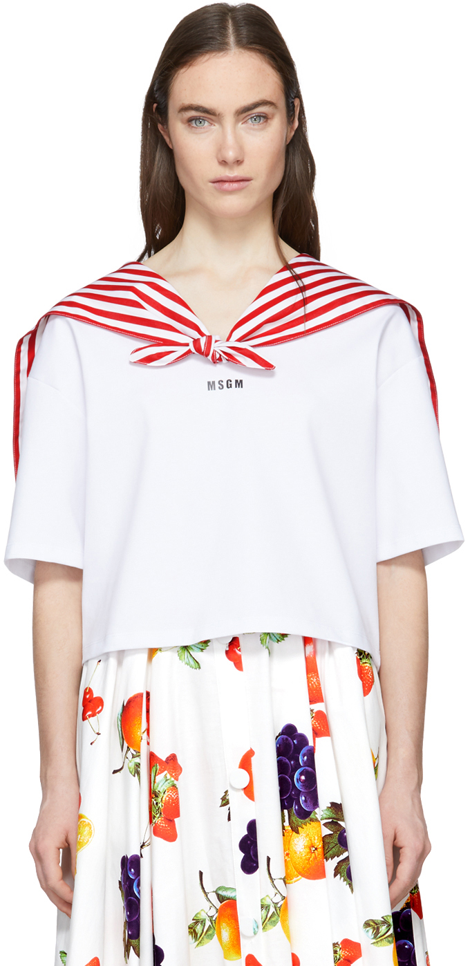 MSGM: White Cropped Sailor T-Shirt | SSENSE