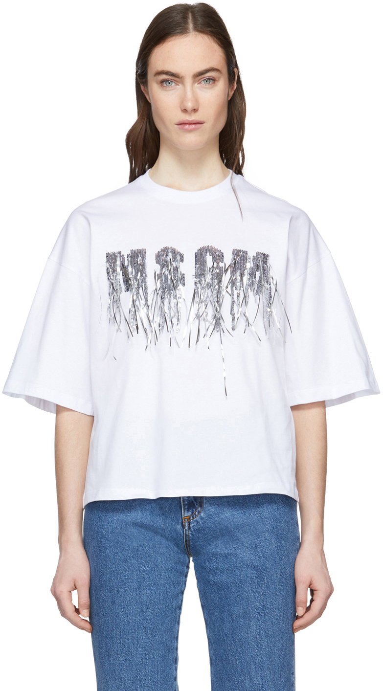 MSGM: White Sequin Logo T-Shirt | SSENSE